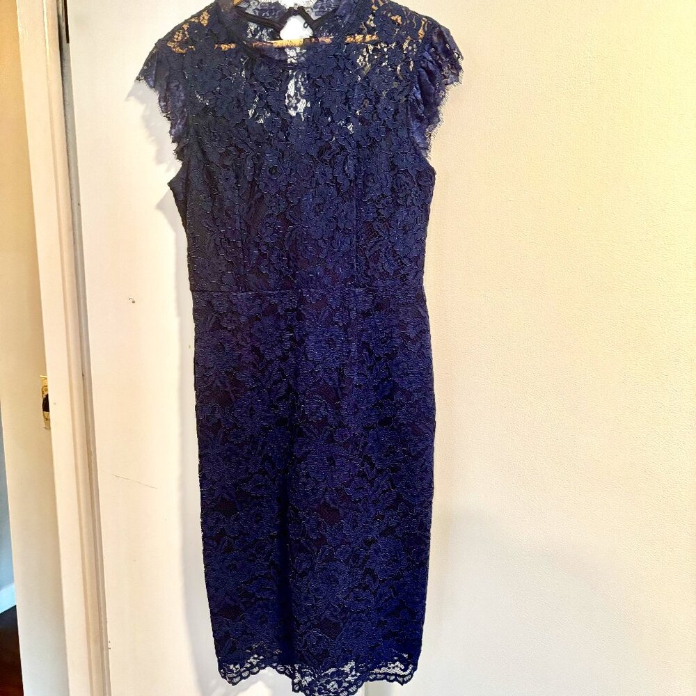 Liza Luxe Navy Floral Lace midi sheath dress SZ: LArge